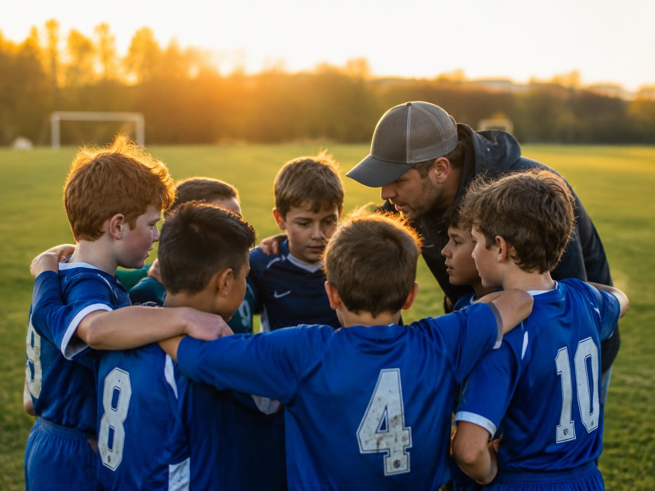 Coach with team in a huddle